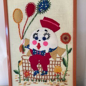 Vintage Humpty Dumpty Needlepoint Embroidery Framed Nursery Art 18" x 12"